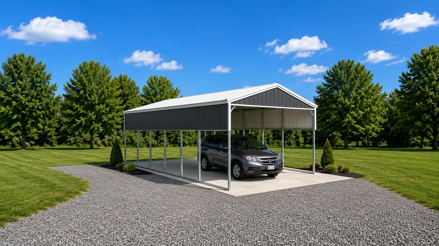 14’x35’x9′ Metal Carport with Vertical Side Panels and Gables