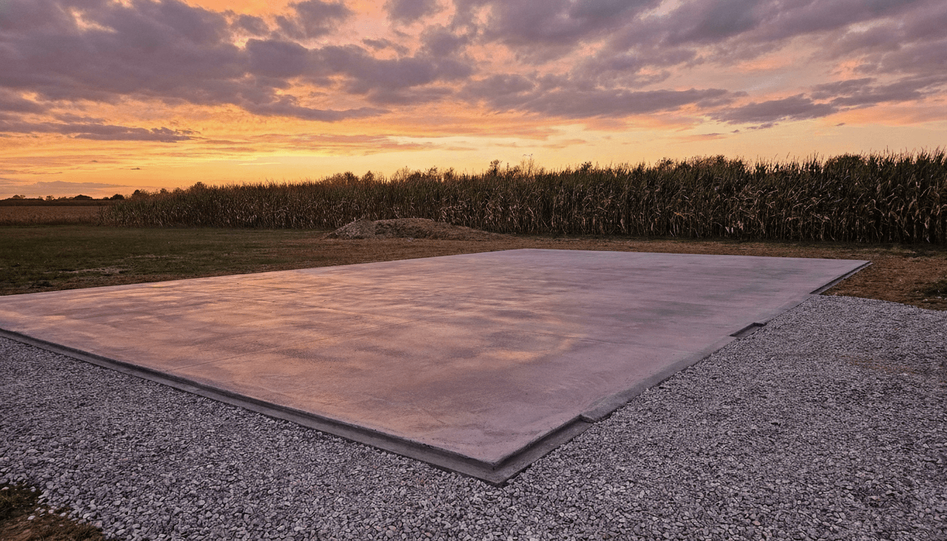 Fresh concrete slab prepared for a Top Goat metal building